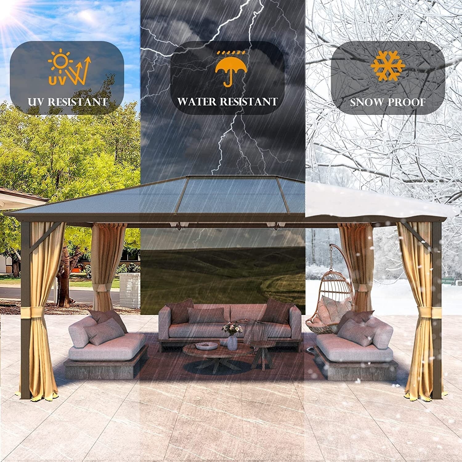 EROMMY Hardtop-Pavillon, Outdoor-Pergola mit Doppeldach & Netzen & Vorhängen, Hochleistungs-Canopy für Terrasse, Garten, Poolparty