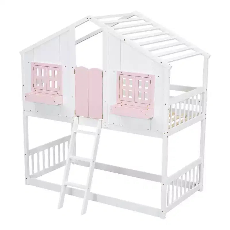 Doppel-Loftbett in Hausform, Holzspielhaus-Loftbett mit Leiter und Schutzgittern für Kinder