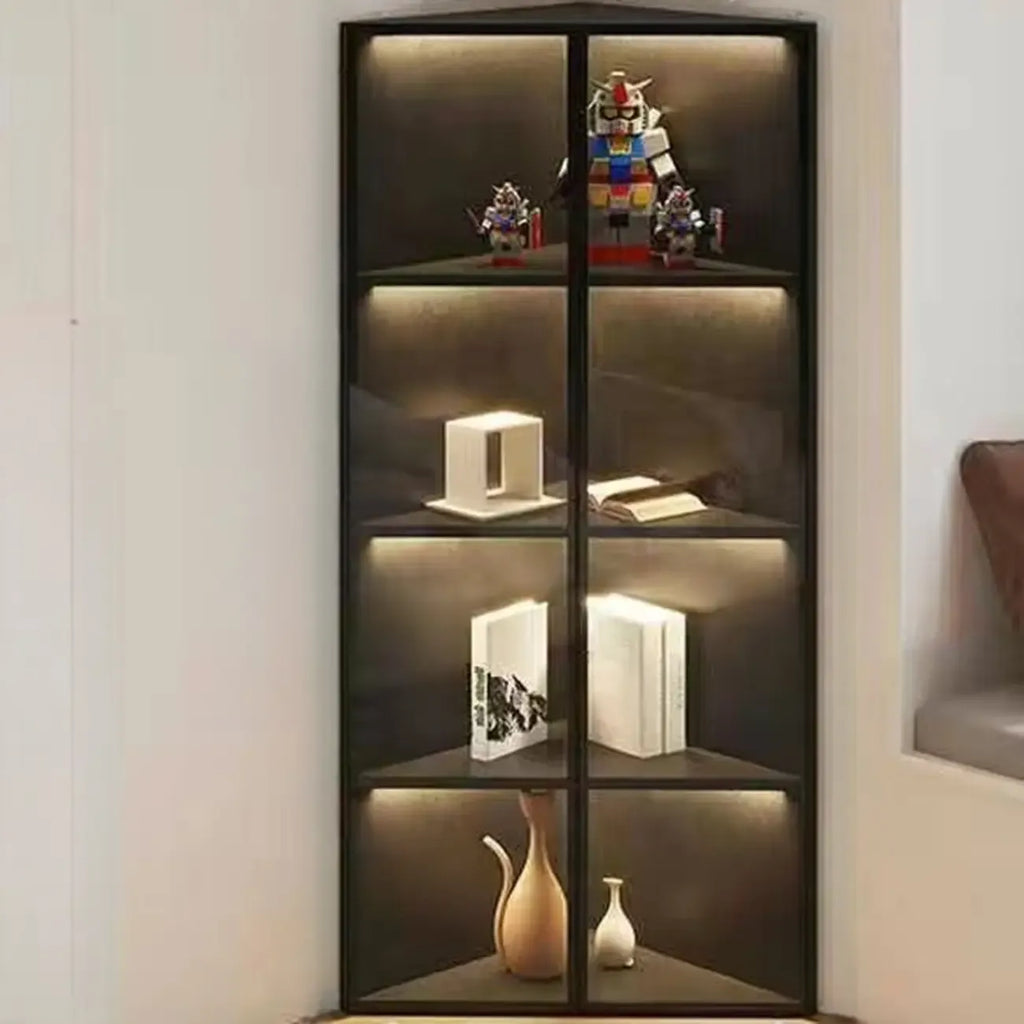 Modernes graues Eck-Standregal aus Metall und Holz mit Glastür