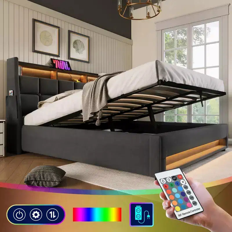 Queensize-Bett mit hydraulischem Stauraum, LED, USB, gepolstertem Kopfteil, kein Boxspringbett, einfache Montage