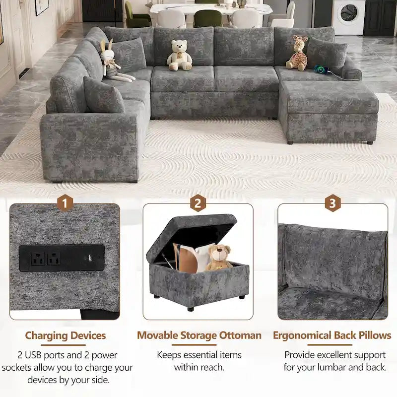 Chenille Ecksofa mit Ausziehfunktion, L-förmiges Schlafsofa mit Stauraum-Ottomane, 3 Kissen und Ladevorrichtungen