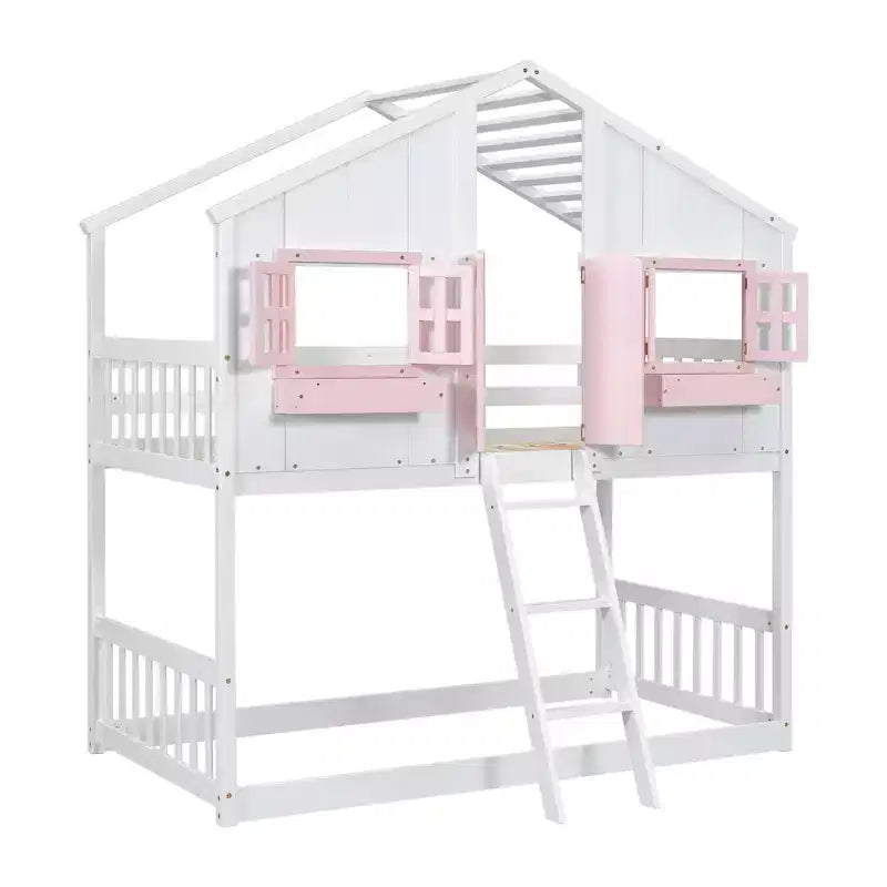 Doppel-Loftbett in Hausform, Holzspielhaus-Loftbett mit Leiter und Schutzgittern für Kinder