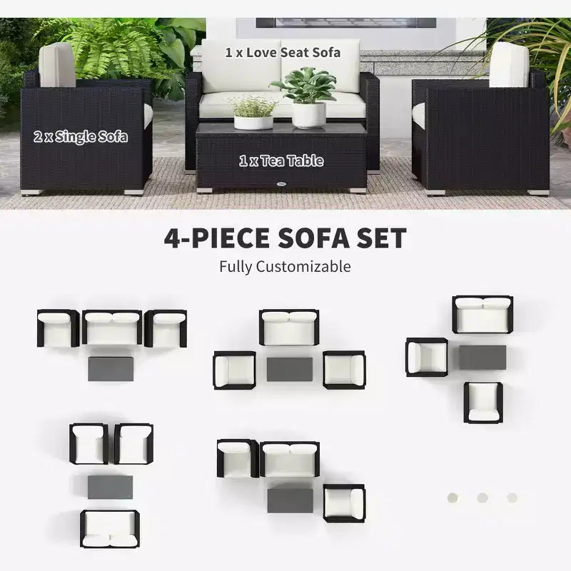 4-teiliges Rattan-Sofa-Set, Korbsessel-Set mit Zweisitzer, Couchtisch mit Glasplatte für Garten und Außenbereich