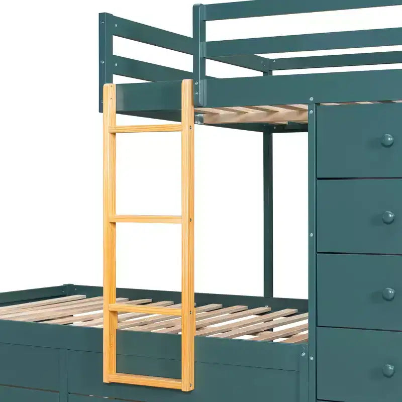 Etagenbett „Full-over-Full“ mit Kleiderschrank und Schubladen, platzsparendes Etagenbett aus Holz in voller Größe mit Rausfallschutz für Apartment, Schlafzimmer