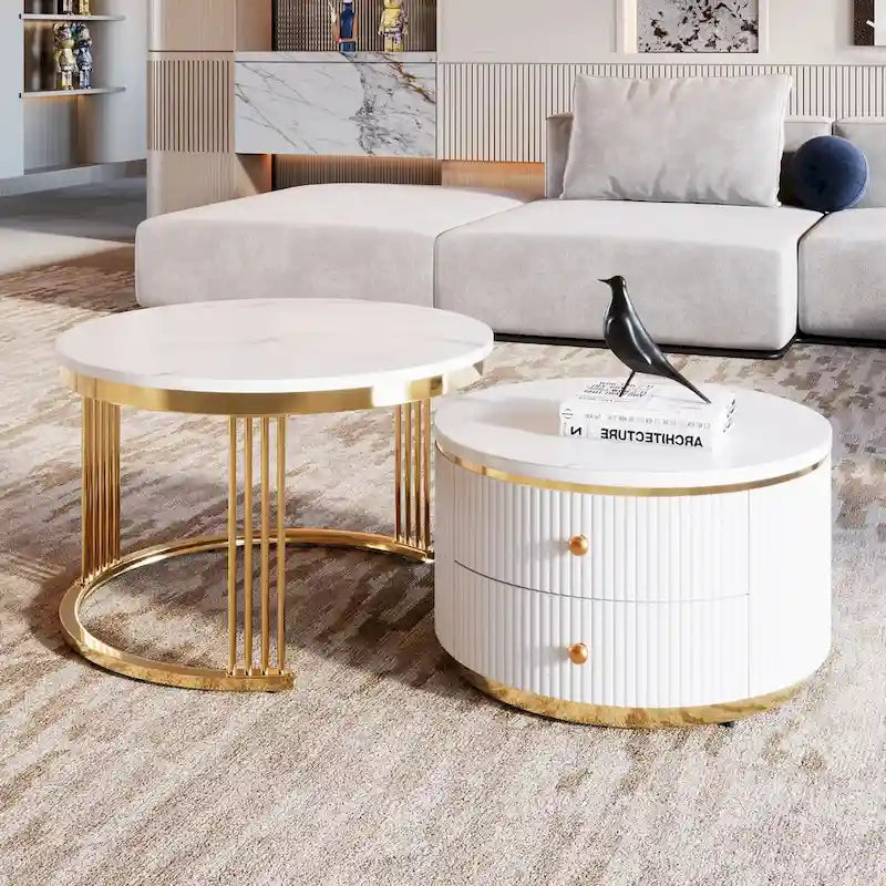 2 weiße runde Couchtische mit Schubladen im Set
