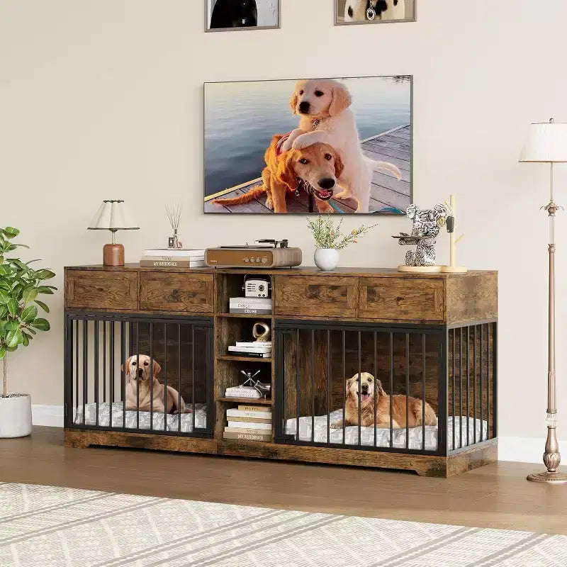 82" Doppel-Hundebox Möbel, großer Hundezwinger für 2 Hunde, robuster TV-Ständer aus Holz mit 4 Schubladen und Regalen