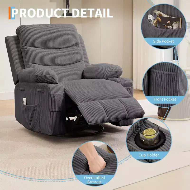 Übergroßer 360°-Dreh- und Schaukelsessel mit Massage und Heizung – Ergonomischer Loungesessel mit Getränkehaltern, Seitentaschen für Wohnzimmer, Kinderzimmer