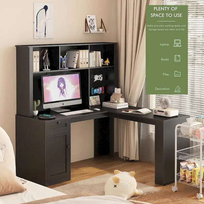 L-förmiger Schreibtisch mit Steckdose, Computertisch mit Schubladen, Regal & Aufsatz, Moderner Eckschreibtisch, Home-Office-Schreibtisch