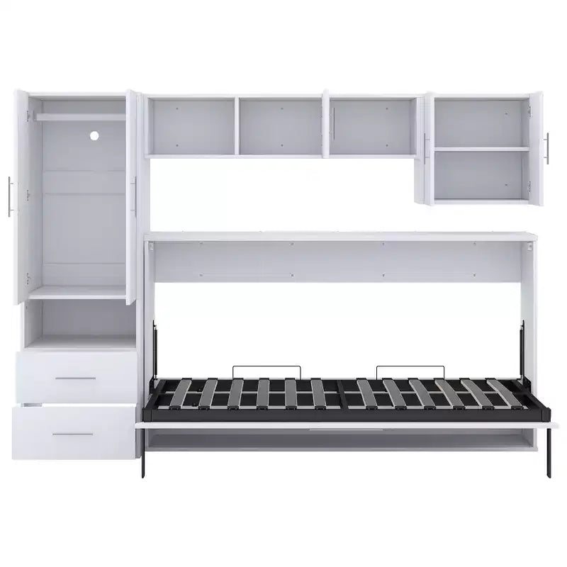 Murphy-Bettrahmen in Einzelbettgröße, Holzschrankbett mit integriertem Kleiderschrank, Aufbewahrungsschubladen und offenen Regalen, Weiß – ModernLuxe