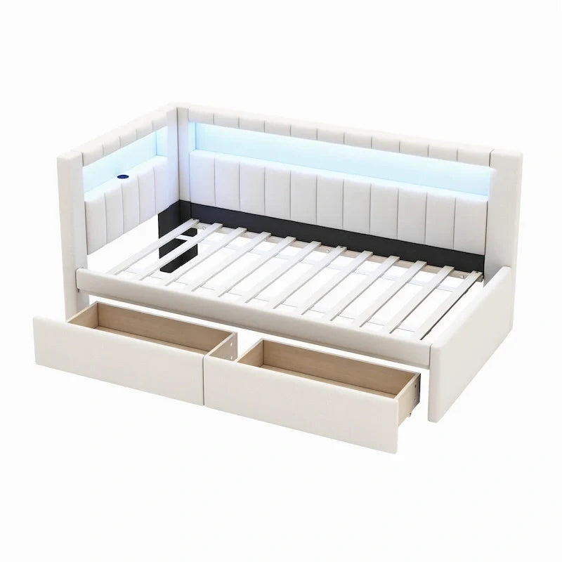 Gepolstertes Plattformbett mit USB-Anschlüssen & LED-Beleuchtung – Einzel-/Doppelbettgestell mit 2 Schubladen – Modernes Schlafzimmer