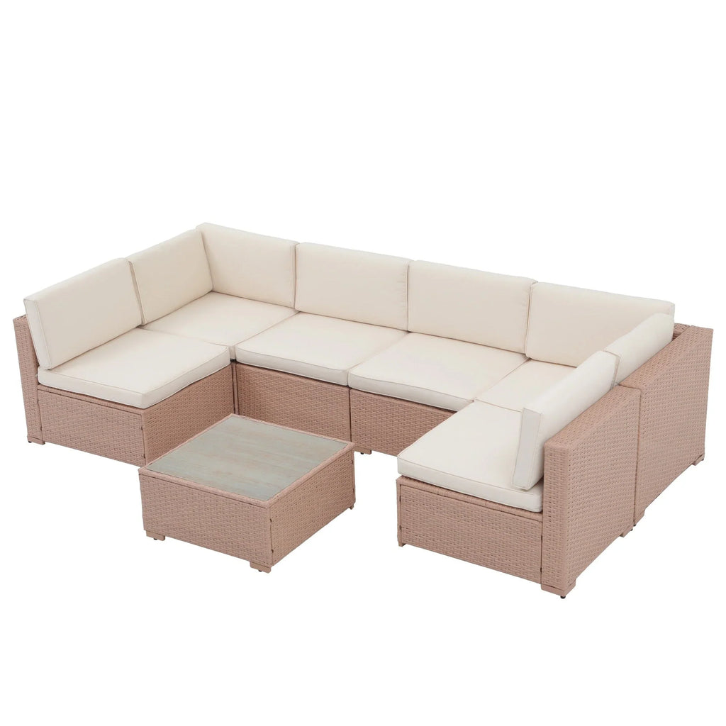7-teiliges Outdoor-Sofa-Set aus Korbweide/Stahl mit Polstern