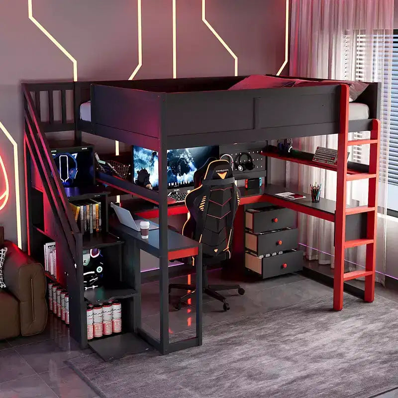 GDFStudio Scott hölzernes Gaming-Hochbett mit Stauraumtreppe, Schreibtisch, Regalen und Lochwand