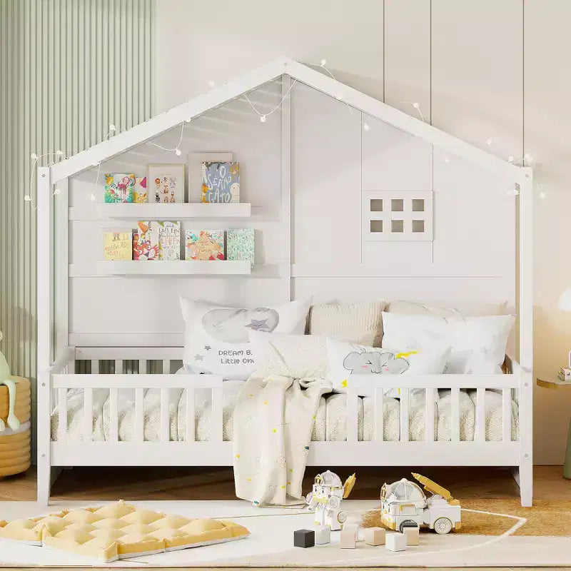 Hausbett in Twin-Größe mit Ablageregalen und Rausfallschutz, Montessori-Bettrahmen aus Holz für Kinder mit Fenster und glitzerndem Lichtband