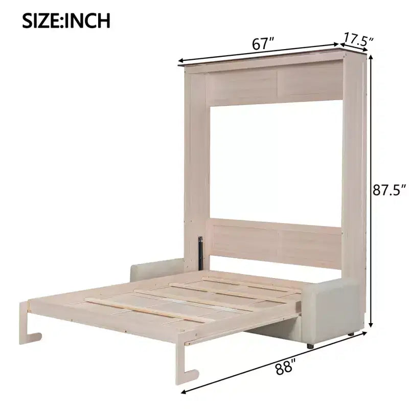 Murphy-Bett in Queen-Size mit Sofa, Queen-Schrankbett aus Holz mit LED-Beleuchtung, klappbares Truhenbett für Gästezimmer, Beige