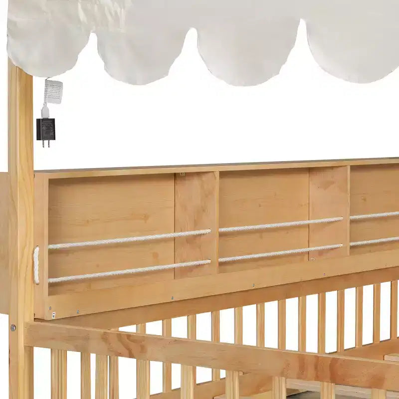 Whisen Vollholz-Bettgestell, Hausbett mit Zaun, 3 Aufbewahrungsregale, Vorhang