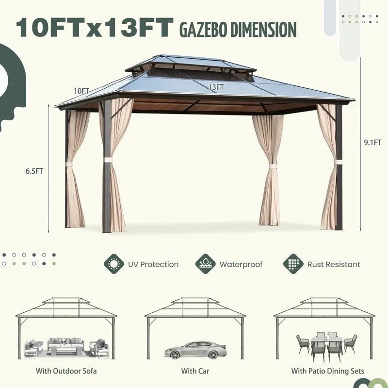 EROMMY Hardtop-Pavillon, Outdoor-Pergola mit Doppeldach & Netzen & Vorhängen, Hochleistungs-Canopy für Terrasse, Garten, Poolparty