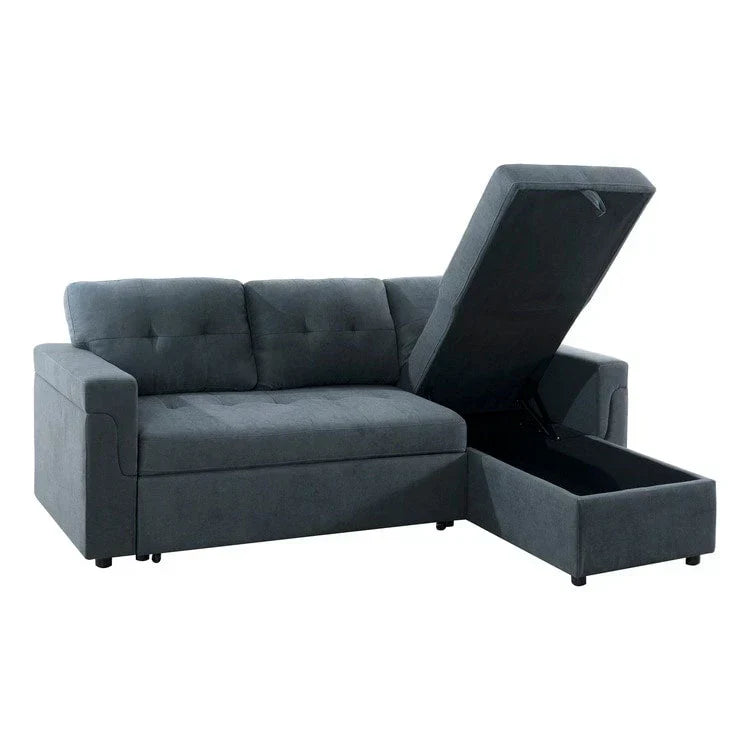Verwandelbares, umbaubares Ecksofa mit ausziehbarem Schlafsofa, versteckter Aufbewahrung in der Récamiere und robusten Beinen