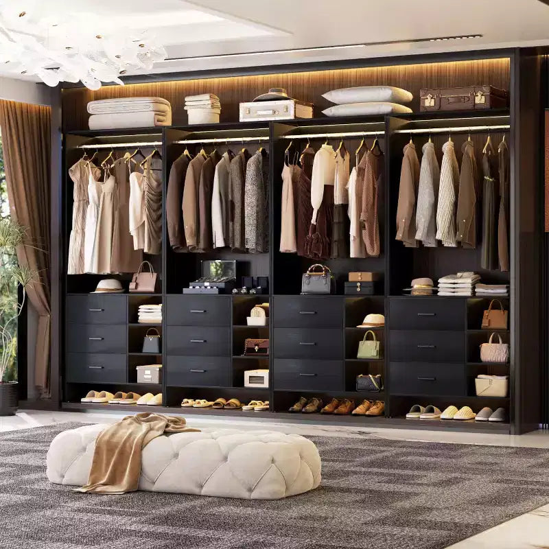 Besiost 4er-Set Kleiderschrank-Organizer mit Holzschubladen und Kleiderstangen