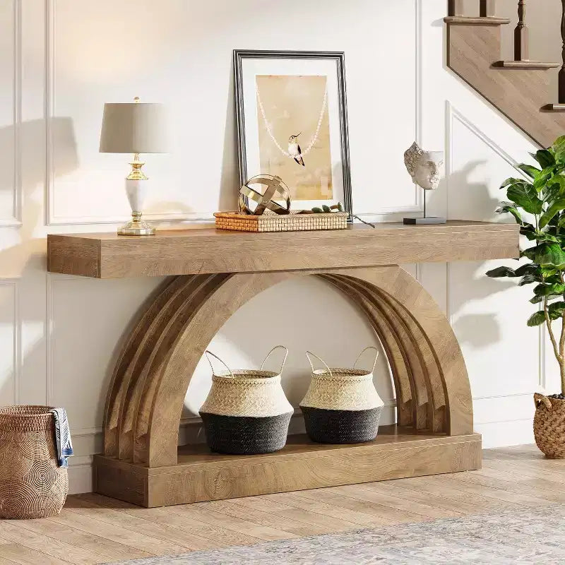 Lantine 63 Zoll Konsolentisch, 2-stöckiger Sofatisch für hinter das Sofa, schmaler einzigartiger Konsolentisch im Landhausstil mit Bogen für Flur, Wohnzimmer, Eingangsbereich, Natur