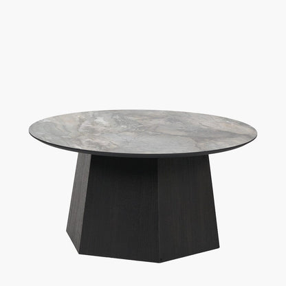 Dunkelbrauner Couchtisch aus Holz mit Marmoroptikplatte