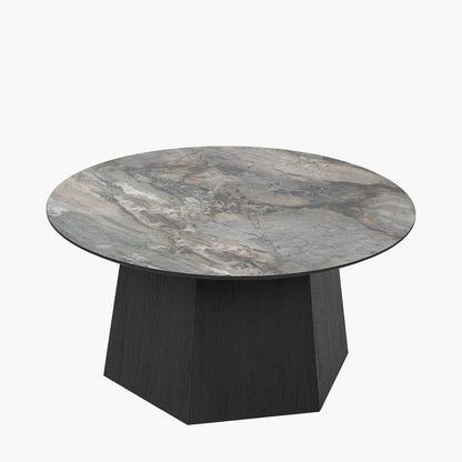 Dunkelbrauner Couchtisch aus Holz mit Marmoroptikplatte
