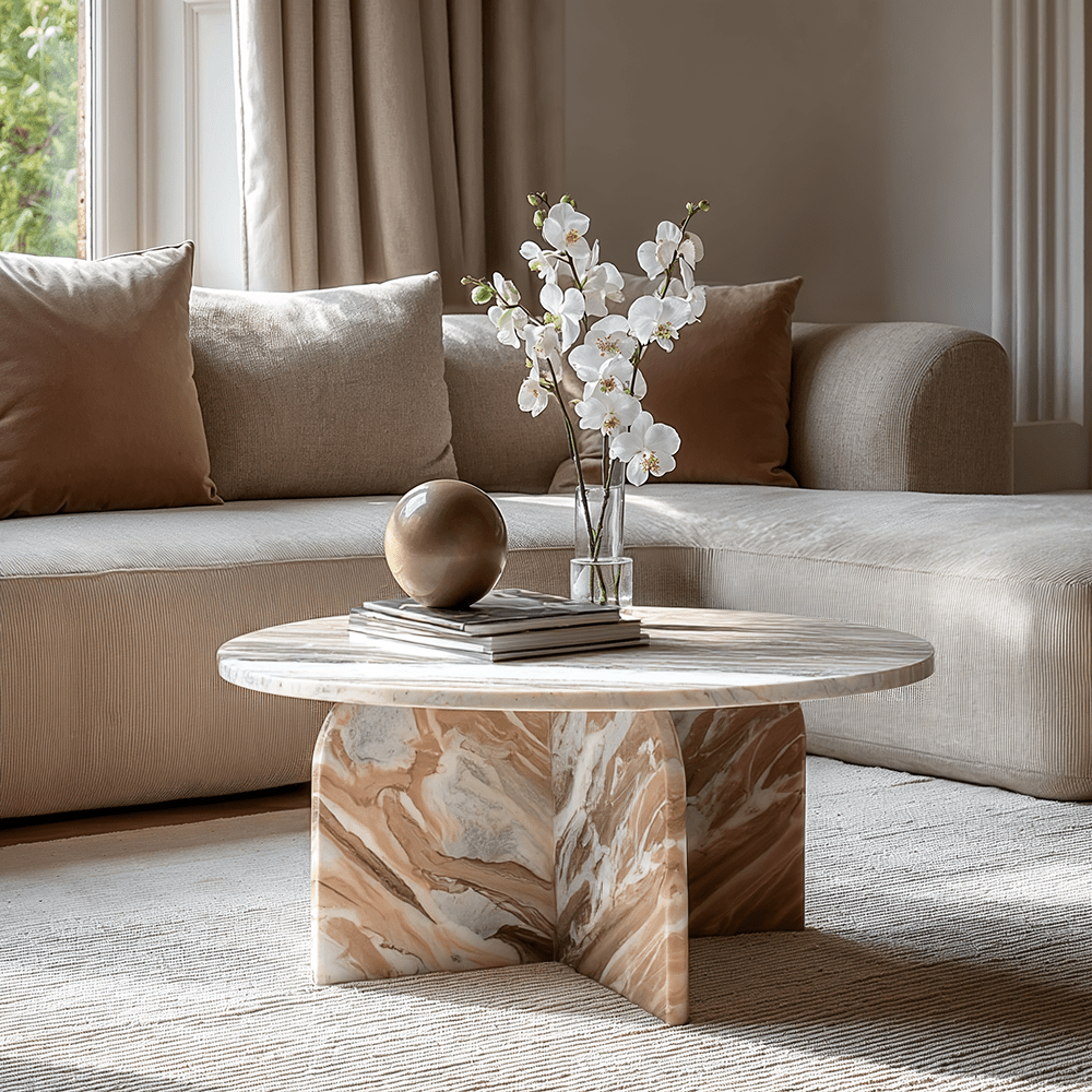 Cremefarbener & kaffeefarbener Couchtisch aus Abstraktem Naturmarmor