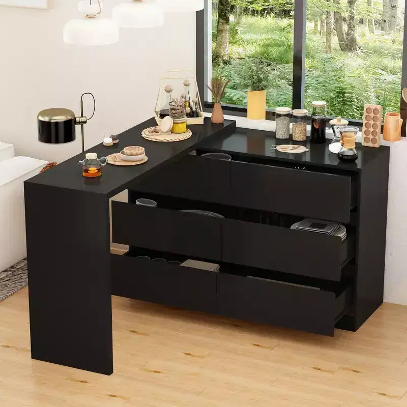 Intelligentes, drehbares/ausziehbares Buffet-Sideboard mit 6 Schubladen, erweiterter Arbeitsplatte, rutschfester Matte, drehbarem Esstisch, Kücheninsel-Vorratskammer