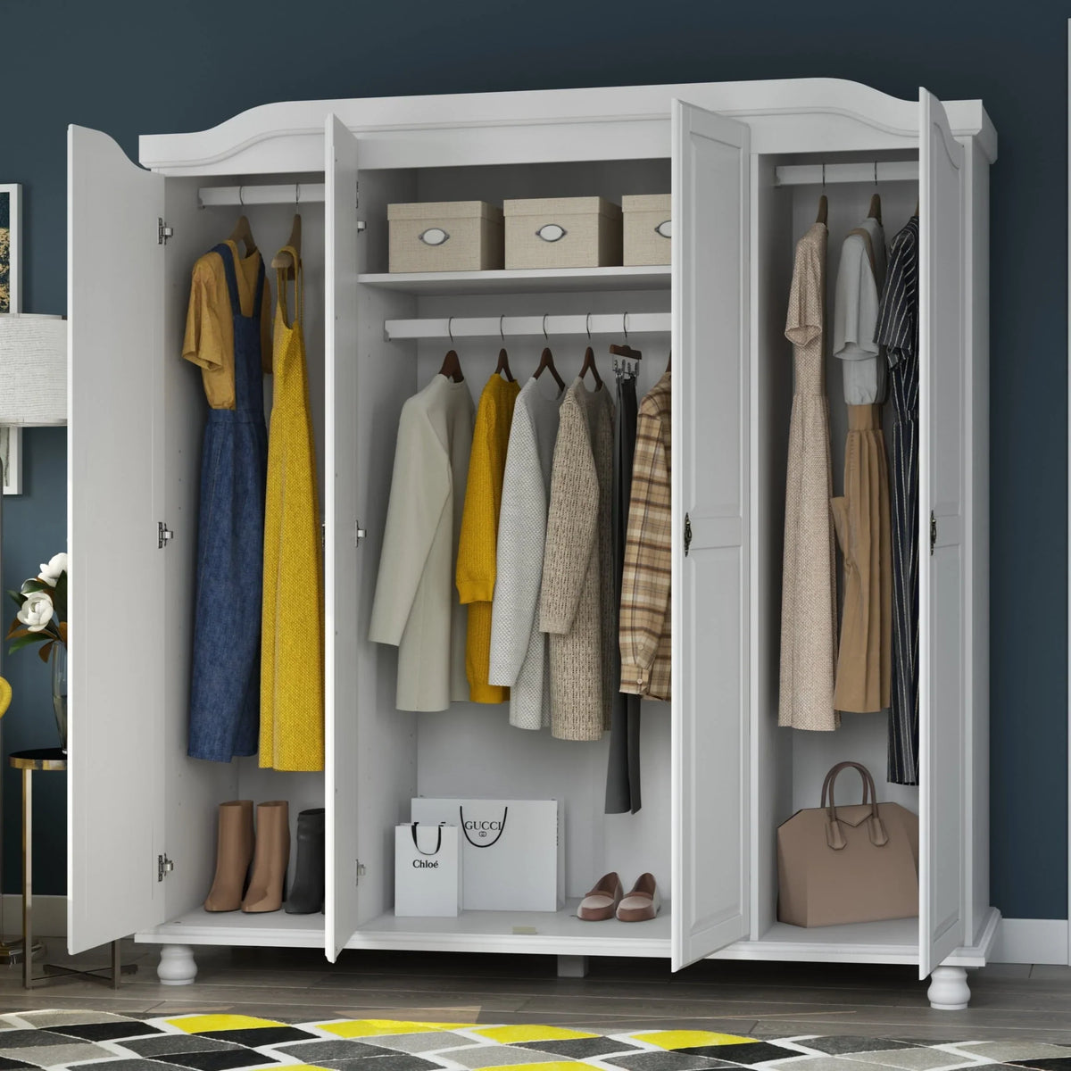 Palace Imports 100% Massivholz Kyle 4-türiger Kleiderschrank mit Massivholz- oder Spiegeltüren