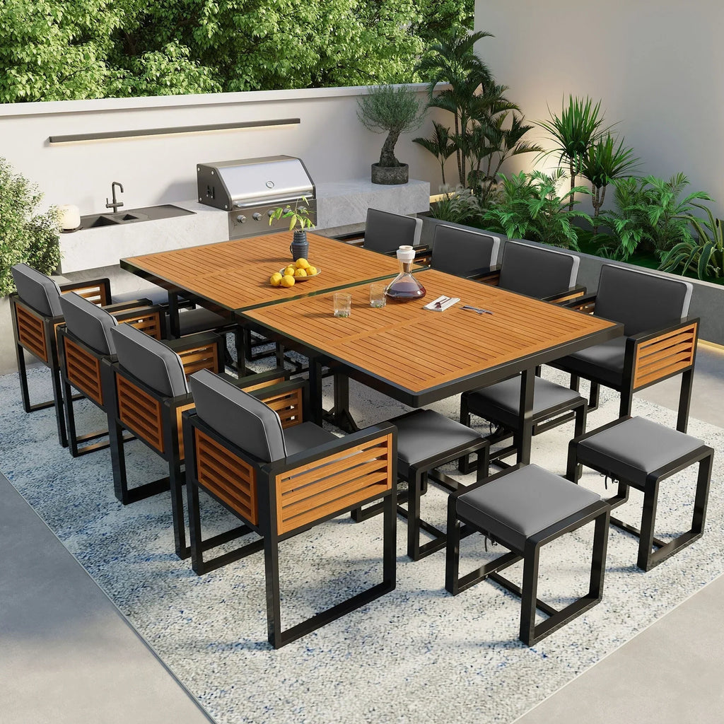 18-teiliges Terrassen-Essgruppen-Set aus Akazienholz, 8 gepolsterte Stühle & 8 Hocker & 2 quadratische Tische