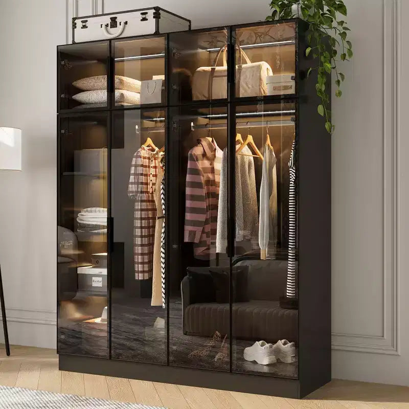 Hitow Pure Black Luxus-Kleiderschrank mit Türen aus gehärtetem Glas, 3-Farben-LED-Beleuchtung, vom Boden bis zur Decke reichender Schlafzimmerschrank-Organizer, Ankleidezimmerschrank