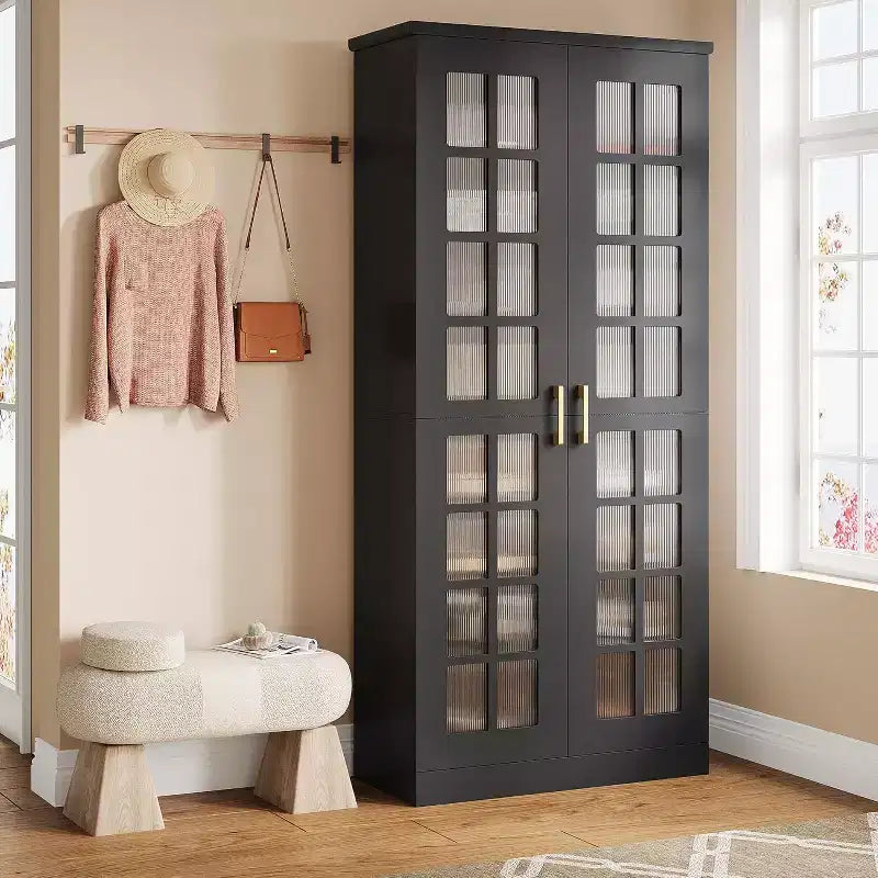 Lantine Hoher Schuhschrank mit Türen, 8-stöckiger Schuhaufbewahrungsschrank mit verstellbaren Einlegeböden, Moderner Schuhschrank für Flur, Schrank, Wohnzimmer, Weiß