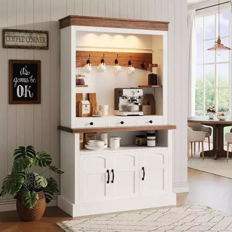 72" Hoher Bauernhaus-Kaffeebar-Schrank mit LED-Beleuchtung, Küchenbuffet mit Türen und Schublade, verstellbaren Einlegeböden, geräumiger Stauraum