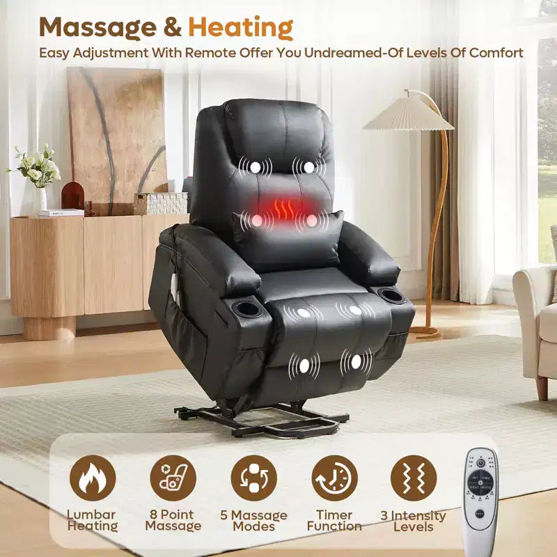 Bestier 34,6'' elektrischer Aufstehsessel mit Massage und Heizfunktion, Relaxsessel aus Kunstleder mit Seitentaschen und Getränkehaltern