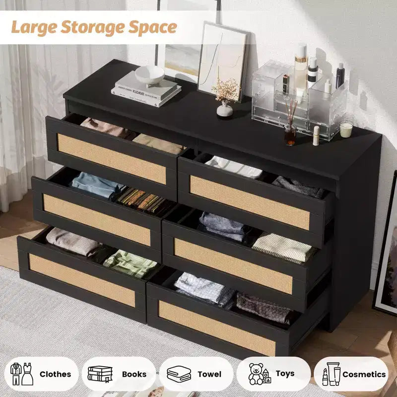 Rattan-Kommode für Schlafzimmer mit 6 Schubladen, 47" moderne Farmhouse breite Kommode, Holz-Aufbewahrungsschrank-Organizer für Kleiderschrank, Wohnzimmer, Flur