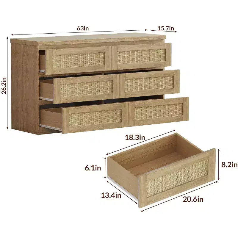 Rattan-Kommode für Schlafzimmer mit 6 Schubladen, 47" moderne Farmhouse breite Kommode, Holz-Aufbewahrungsschrank-Organizer für Kleiderschrank, Wohnzimmer, Flur