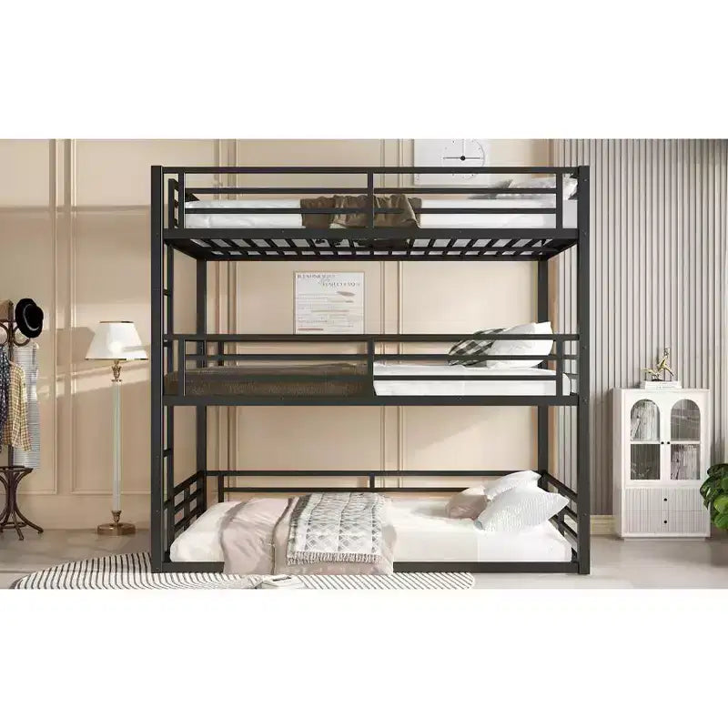 Etagenbett für drei Personen, Full über Full über Full, aus Metall, mit Sicherheitsgeländern, strapazierfähiges Etagenbett mit geräuschreduziertem Design, Schwarz