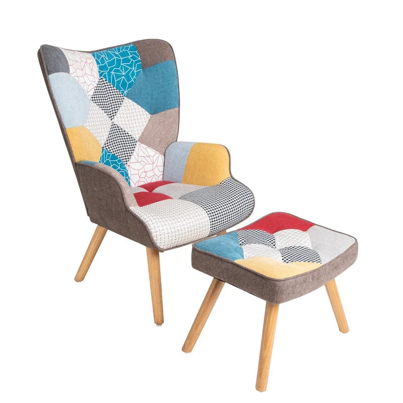 Akzentsessel mit Ottoman, Wohnzimmersessel und Ottomane Set, Bequemer Seitenlehnsessel für Schlafzimmer, Kreative Spleiß-Stoffoberfläche