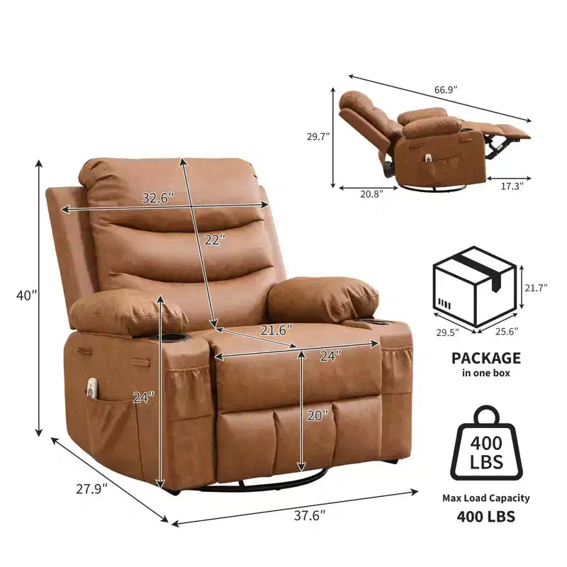 Übergroßer 360°-Dreh- und Schaukelsessel mit Massage und Heizung – Ergonomischer Loungesessel mit Getränkehaltern, Seitentaschen für Wohnzimmer, Kinderzimmer