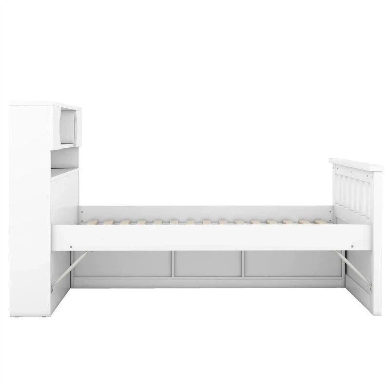 Doppel-/Full Size Captains-Plattformbett mit 4 Schubladen und Ablageflächen, Massivholz-Bettrahmen mit Stauraum-Bücherregal-Kopfteil