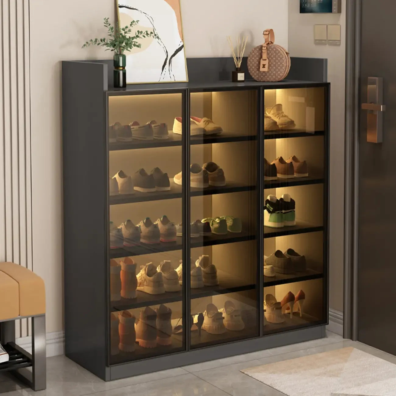 Schuhschrank mit LED-Beleuchtung, verstellbaren Einlegeböden und transparenten Türen