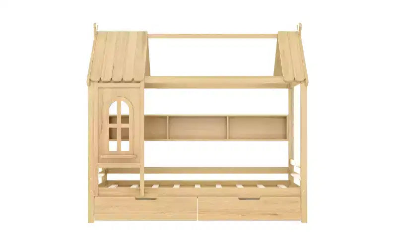 Haus-Plattformbett mit Aufbewahrungsschubladen und Fenster, Massivholzrahmen mit Regalen, kindgerechtes, lustiges Design, Hellweiß