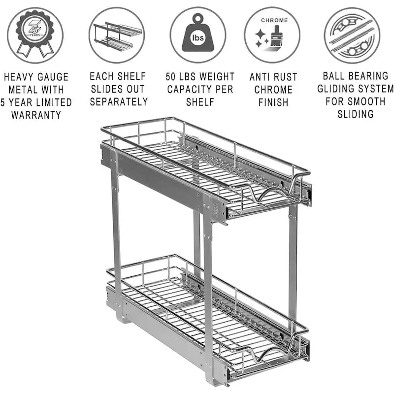 Auszugschrank-Organizer, 2 Etagen, strapazierfähiges Metall mit lebenslanger eingeschränkter Garantie – Rostfreies Chrom-Finish