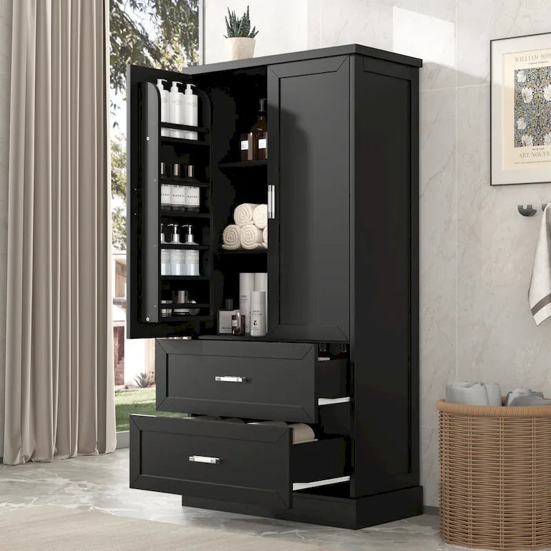 Hoher Badezimmerschrank, Schrank mit zwei Türen und Schubladen, verstellbarem Regal, MDF-Platte