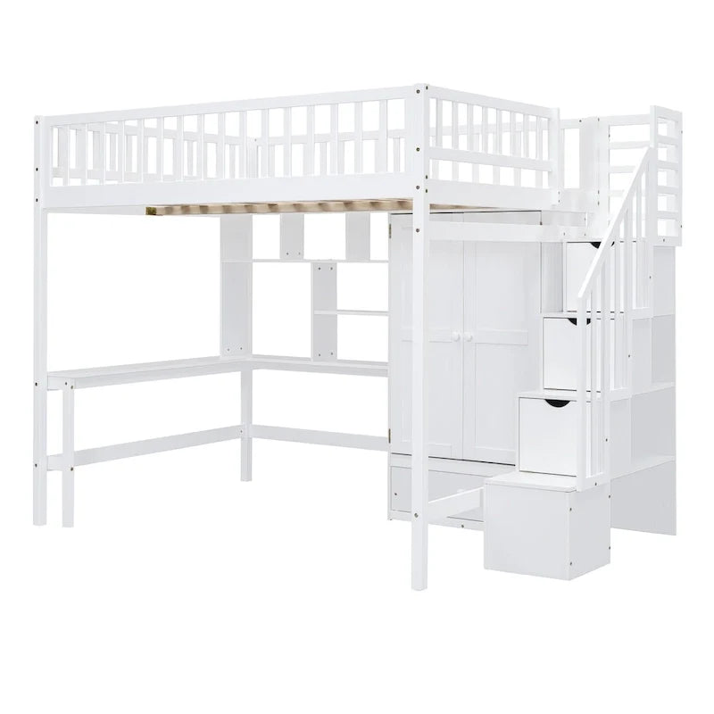 Kiefer-Hochbett mit Schreibtisch und Stauraum