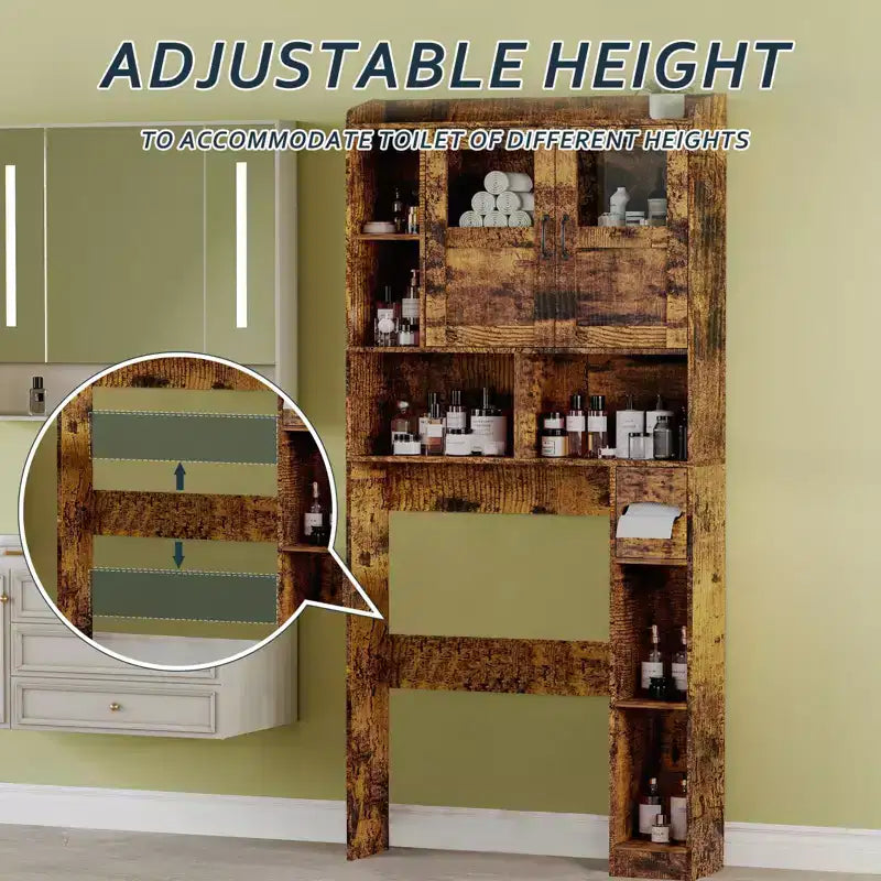Badezimmerschrank über der Toilette – 171 cm hoher Badezimmer-Organizer im Landhausstil mit verstellbarem Regal und Glastür für Bad und Waschküche