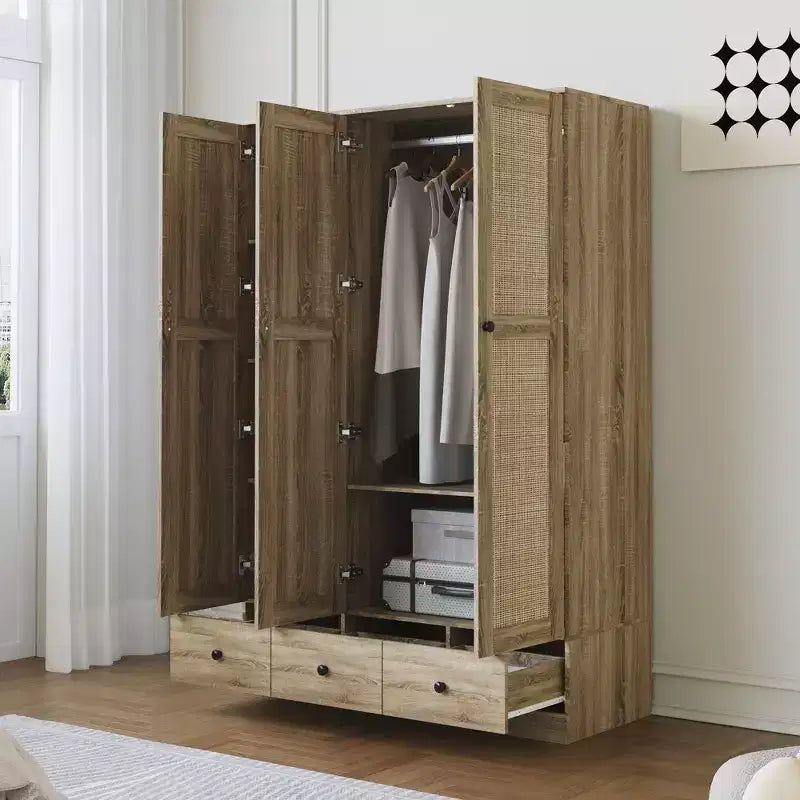 Famapy Rattan Kleiderschrank mit 3 Schubladen, 3 atmungsaktiven Rattan-Türen, Hochschrank im Bauernhausstil für das Schlafzimmer
