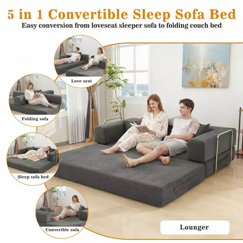 Dyonery 78 Klappsofabett, umwandelbare Kordsofa-Couch, King-Size-Bodenschläfer, 4-in-1 DIY-Kombination, modulares Sofabett, ausklappbares bequemes Sofa.