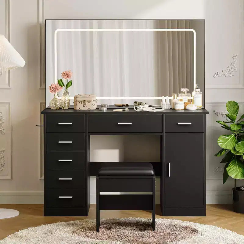 Moderner Schminktisch mit großem Spiegel, 7 Schubladen, LED-Beleuchtung, Stuhl, 3 Beleuchtungsmodi, Föhnhalter und Ladestation für das Schlafzimmer