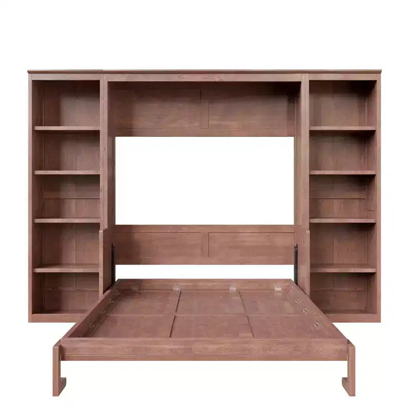 Wandklappbett für Doppel-/Queensize-Betten, platzsparendes Wandbett mit Schreibtisch und Bücherregal, Dunkelbraun – ModernLuxe