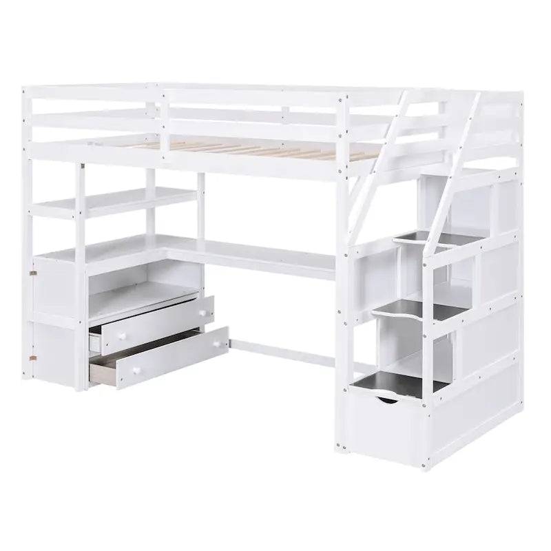 Etagenbett in Zwillingsgröße mit Schreibtisch und Regalen, zwei integrierten Schubladen, Treppe mit Stauraum